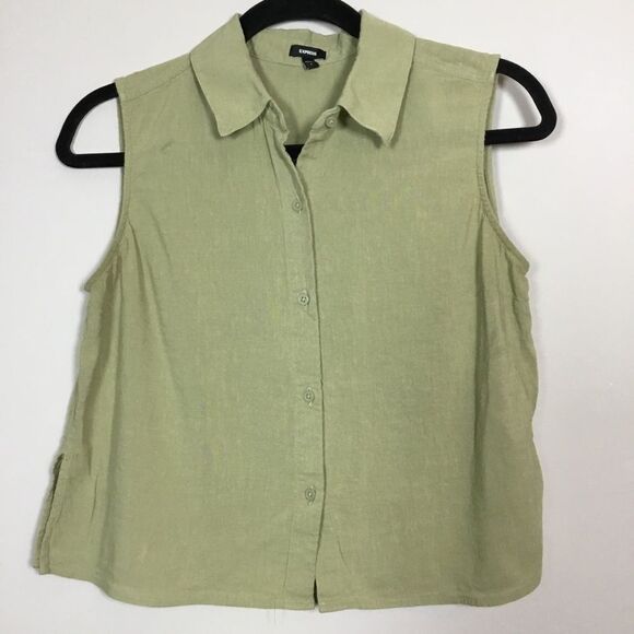 Mossy green linen cotton blend sleeveless button down top fairy cottagecore S - Picture 1 of 4